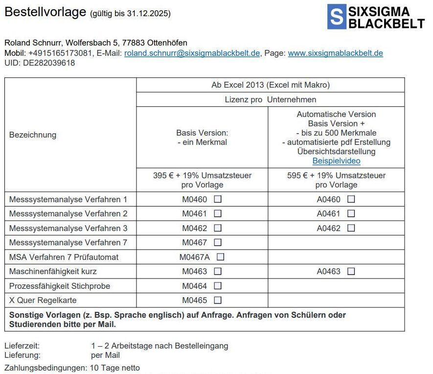Bestellvorlage Preisliste sixsigmablackbelt.de gueltig 31.12.2025