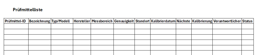Prüfmittelliste - Messmittelliste -kostenlose Excel Vorlage